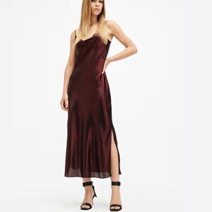 Allsaints Hadley Cowl Neck Slip Midi Dress - Metallic Red - US 8/UK 12